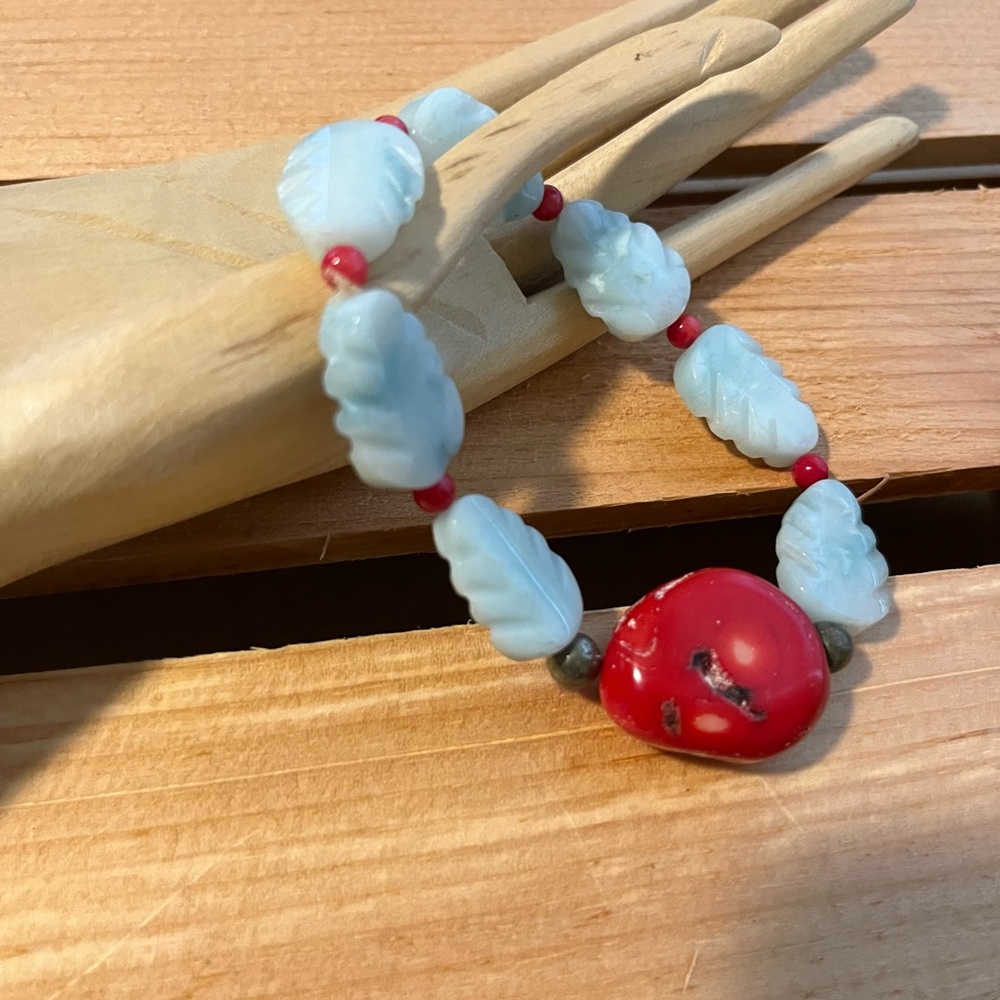 Red coral and Jadite leaf bead bracelet.